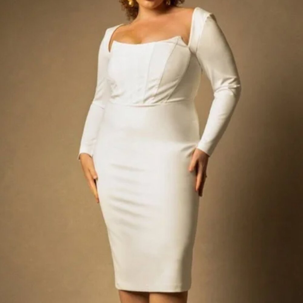 Eloquii Cream Long-Sleeve Square-Neck Midi Dress